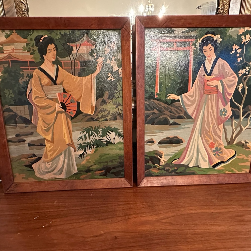 Vintage Set of Paint by Number Geishia Asian Framed Wall Art 17.5” x 21.5”
